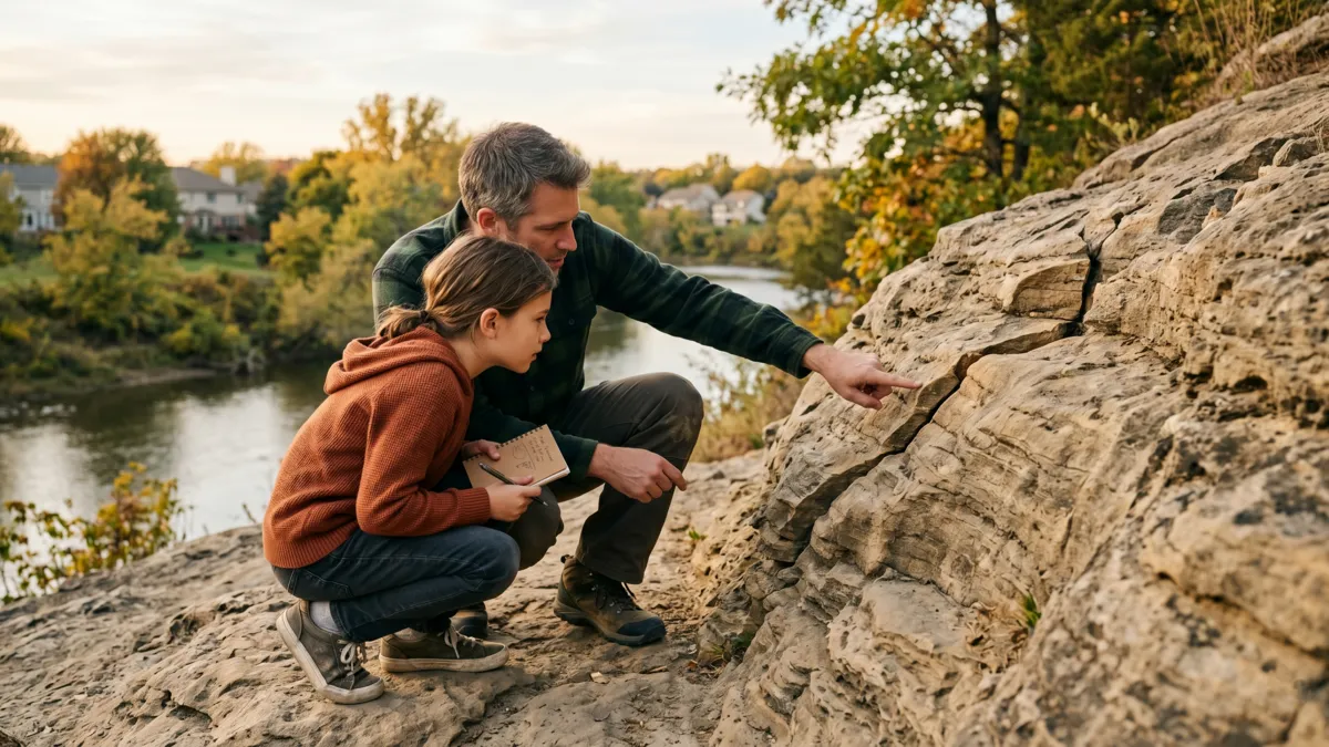 geology for kids, adult and child examining rock features in a local park