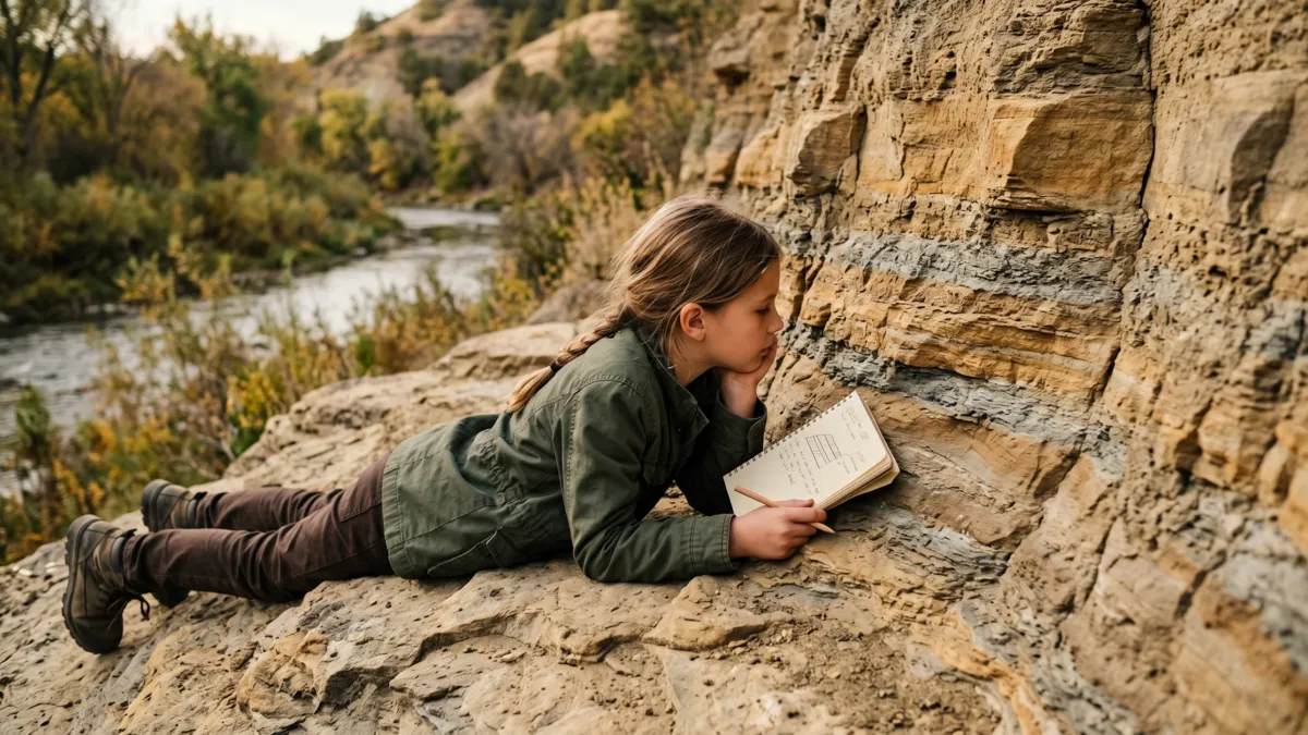 how geologists teach kids, child lying on rock examining layered sediment with notebook