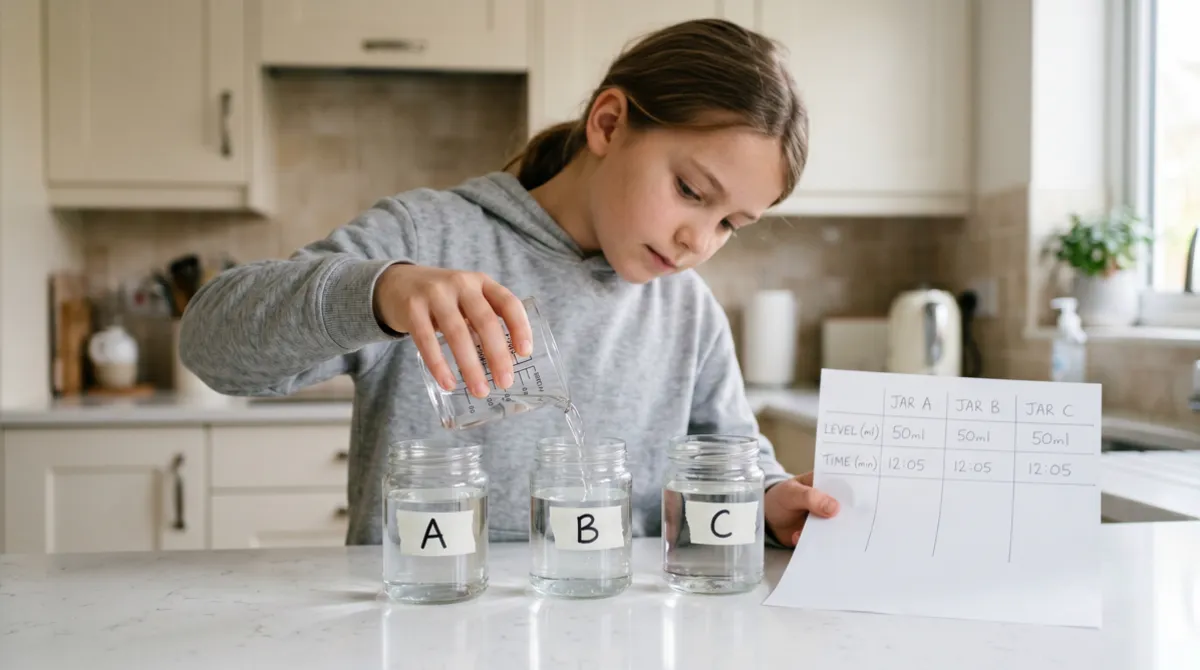 real science experiments vs crafts — child testing a variable with three labelled containers