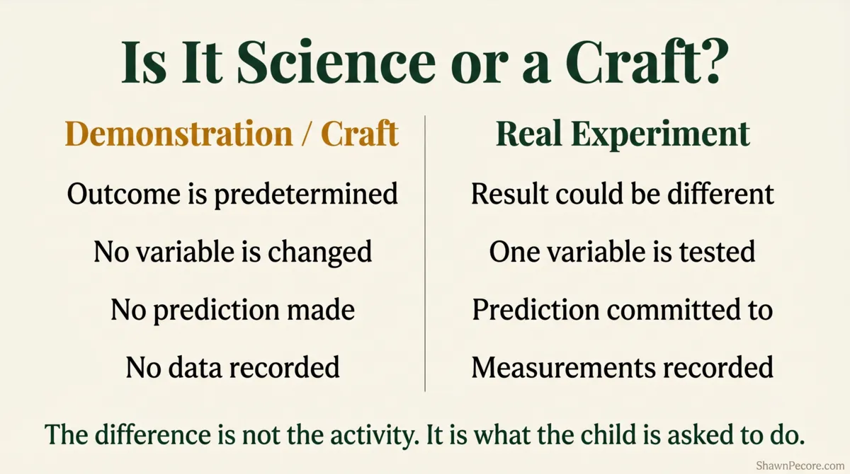 science activities that actually teach — craft vs experiment comparison infographic