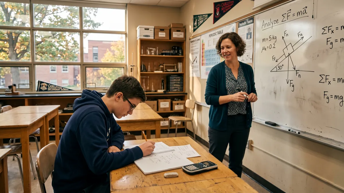 AP physics for kids, high school physics teacher explaining conceptual mechanics to a young student