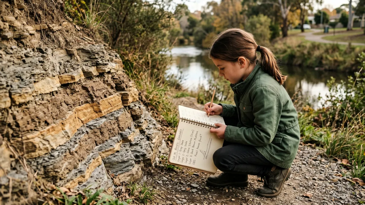 textbook geology vs fieldwork, child examining exposed rock layers on a riverbank